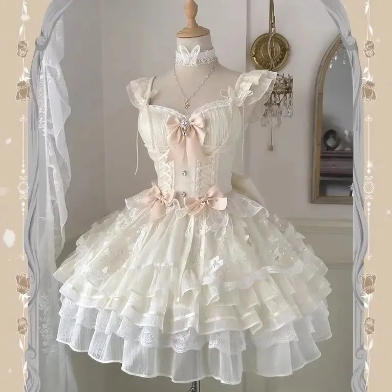 Gotisk Röd Lolita JSK Klänning Dam Spaghetti Band Volang Tyll Kjol Kedja Rosett Dekor Hög Låg Fåll Vintage Princess Festklänning — image 14