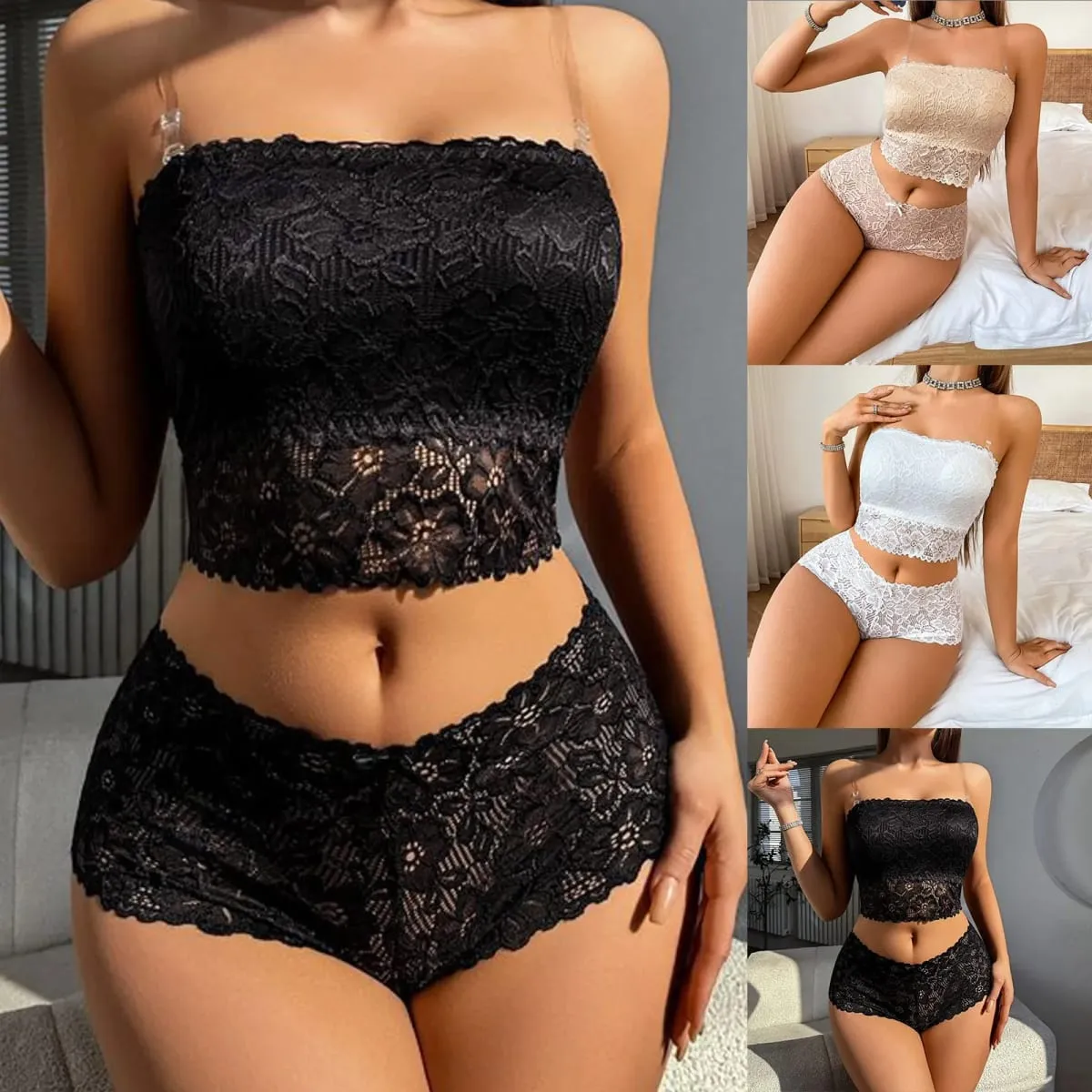 Women Wireless Hollow Out Backless Lace Bra Set Spaghetti Strap Elegant Lace Panties Soft Underwear Women Lingerie Set — image 3