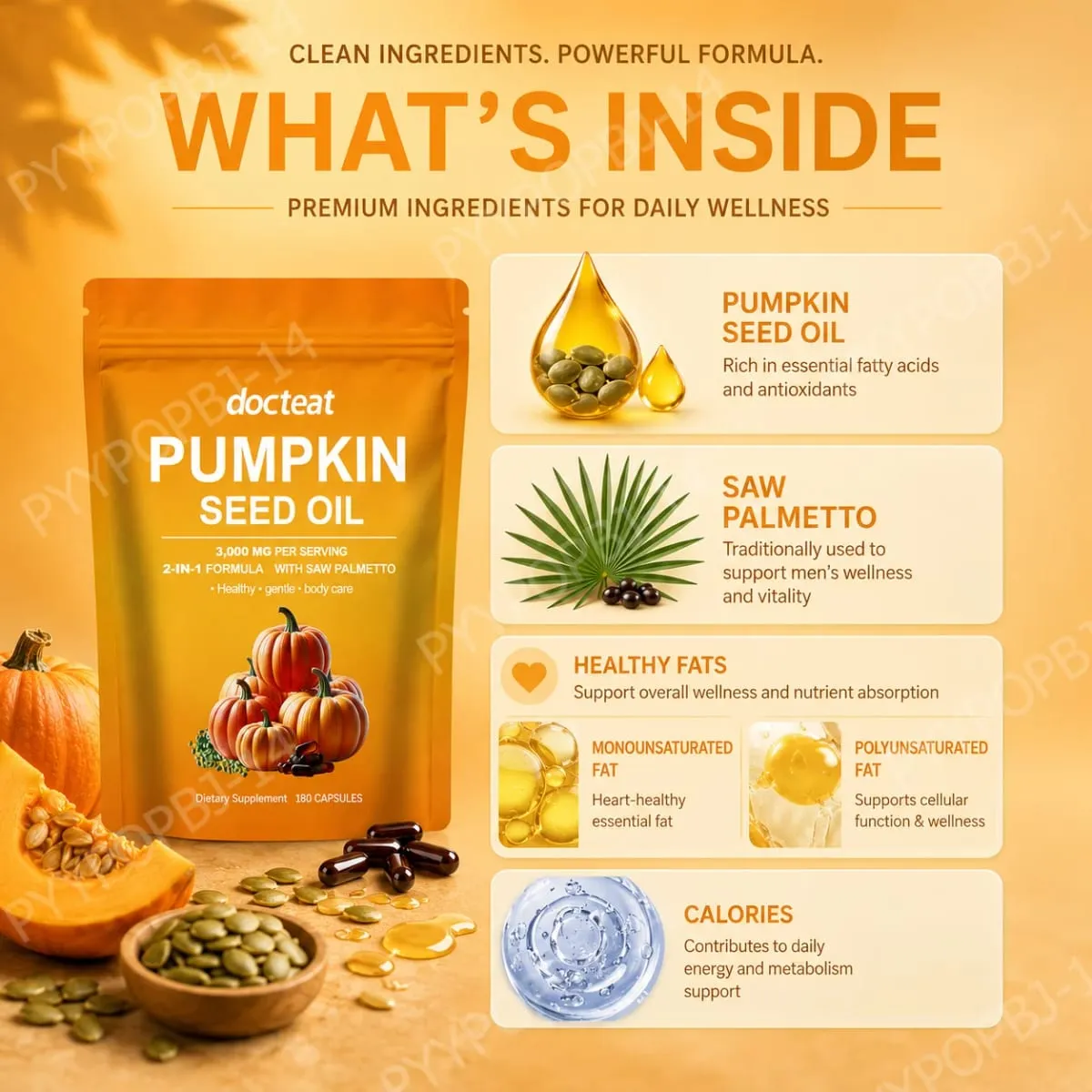 Óleo de semente de abóbora Docteat com cápsulas de Saw Palmetto Fórmula 2 em 1 para suporte à função da próstata e da bexiga 180 cápsulas — image 3