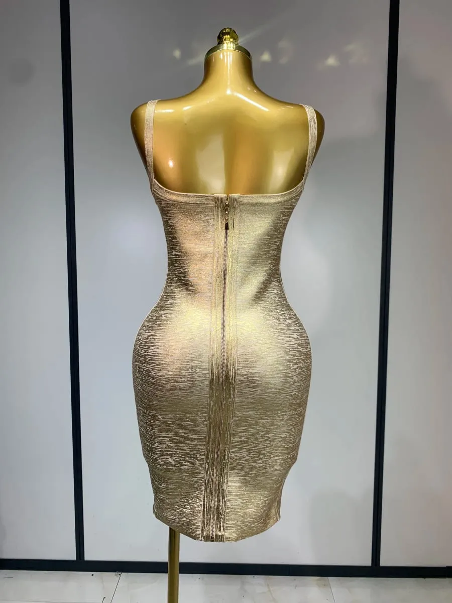 High Quality Celebrity Elegant Gold Bodycon Bandage Dress Women Sexy Nightclub Evening Party Luxury Birthday Dress Vestidos — image 4