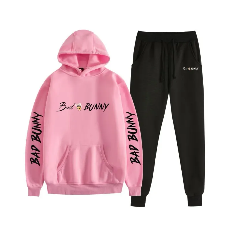 Harajuku Bekväm bad bunny Tryck Sweatshirt Träningsbyxor Kostym Dam Luvtröjor+ Byxor Kostym Pojkar/Flickor 2-delat set Kläder — image 55