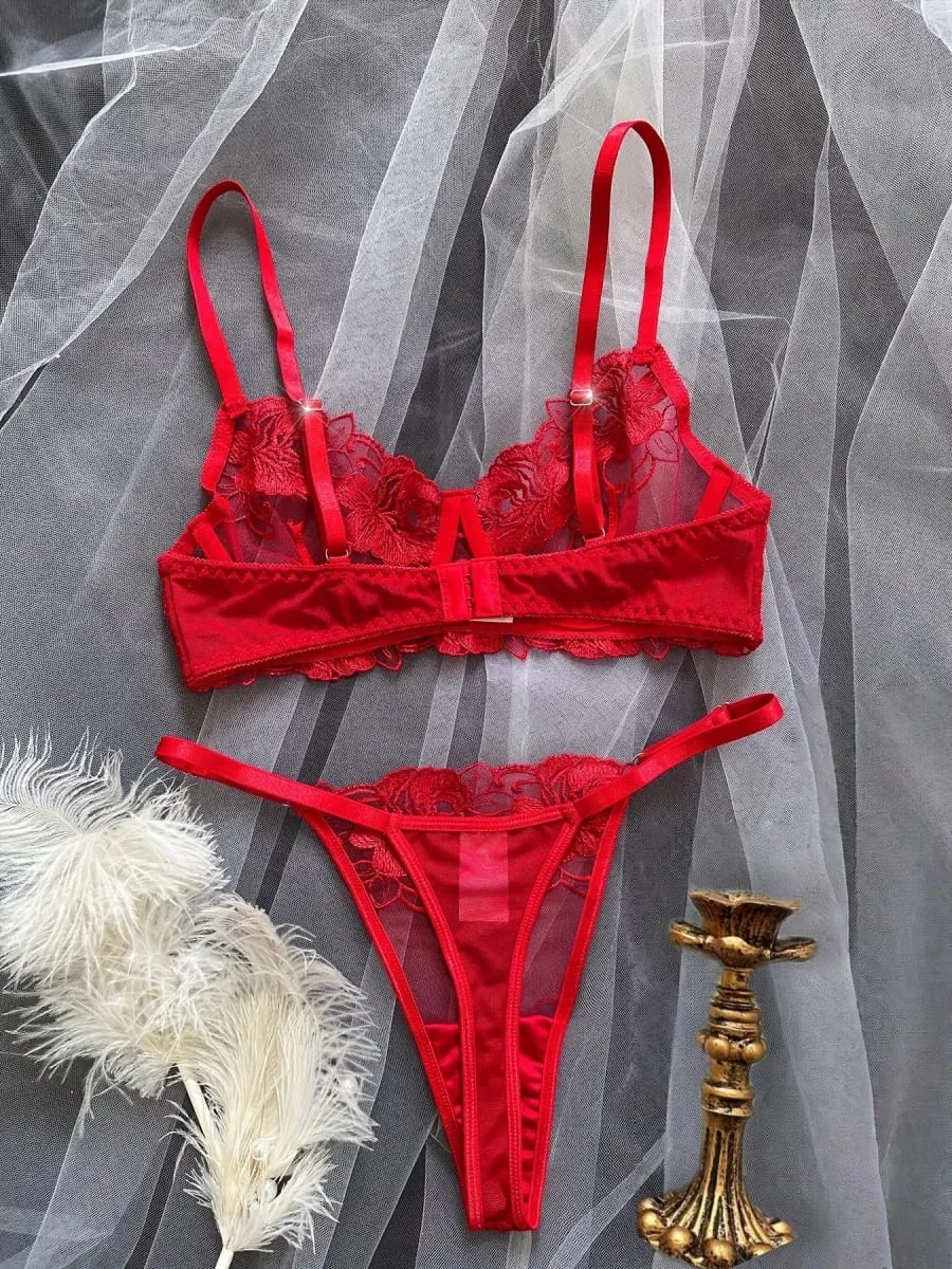A1 sexy vermelho floral bordado puro laço lingerie conjunto S-XL feminino ver através de malha sutiã tanga 2 pçs romântico dia dos namorados íntimos — image 3