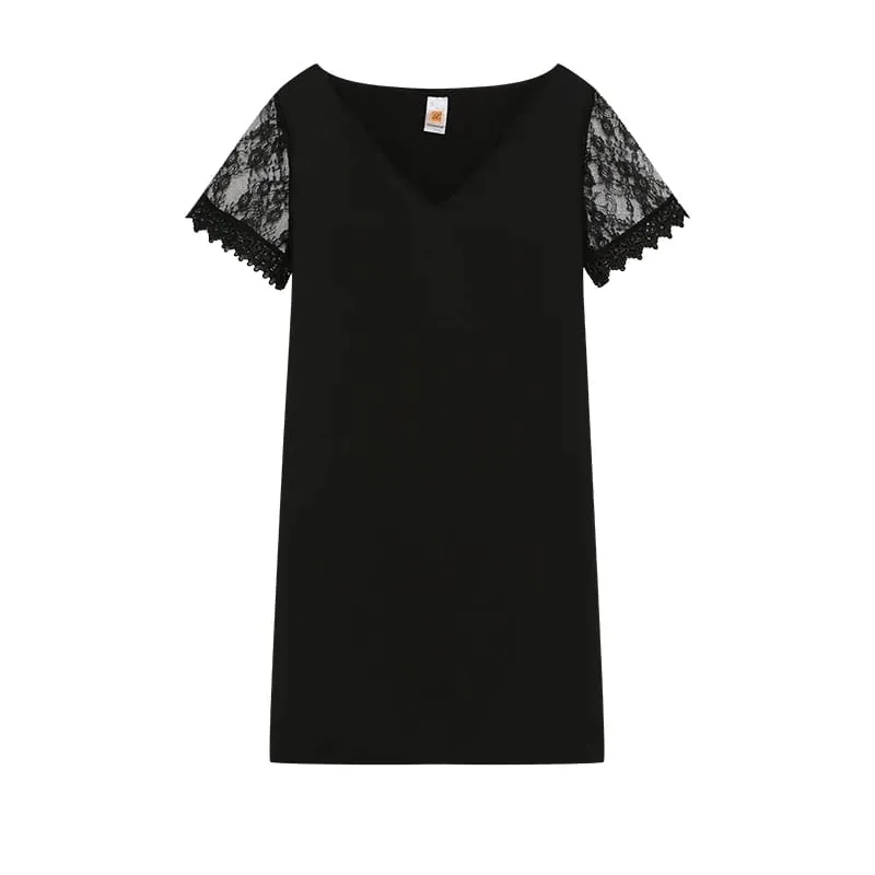 2026 New Women's New Positioning Printing Wave V-neck Lace Short-sleeved Dress