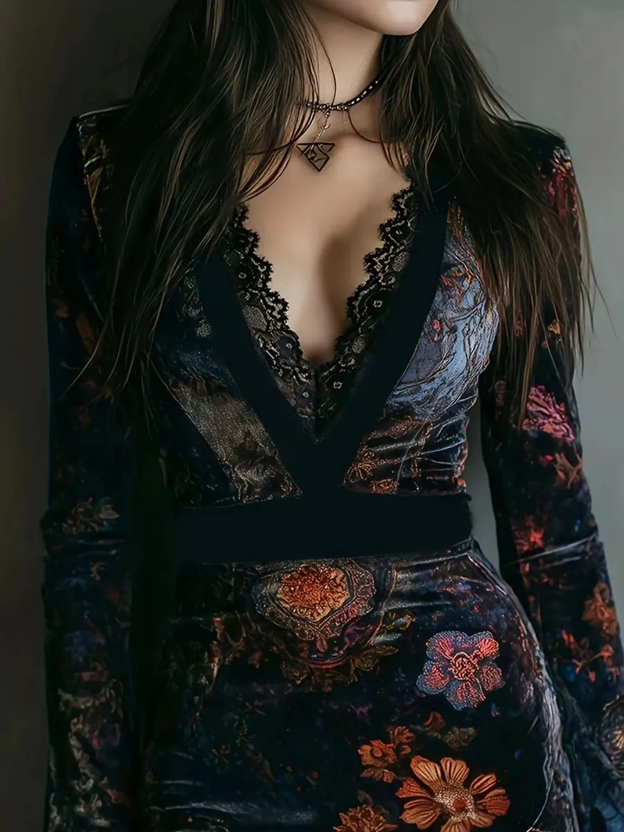 Velvet Bodycon Mini Dress V‑Neck Lace Trim Long Sleeve Vintage Floral Print Slim Fit Elegant Short Party Evening Club Dres — image 4