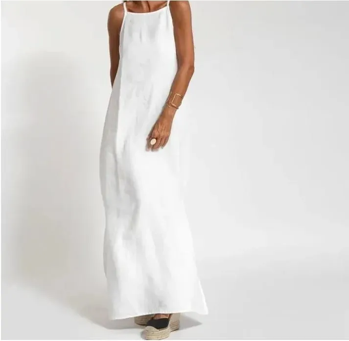 Vestido longo feminino de algodão e linho com divisão lateral, verão, sem alças, cor sólida, vestidos de festa de fim de ano
