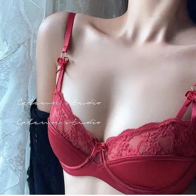 Mulheres nupcial conjunto de sutiã vermelho fino minimizador grande busto francês meia xícara sexy renda lingerie roupa interior para o casamento do feriado — image 12