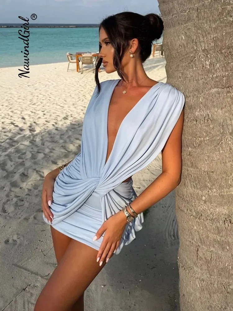 Sexy Beach Dress Women Twisted Deep V-neck Sleeveless Pleated Hip Package Short Dresses 2025 Spring Summer Vacation Robes Lady — image 2