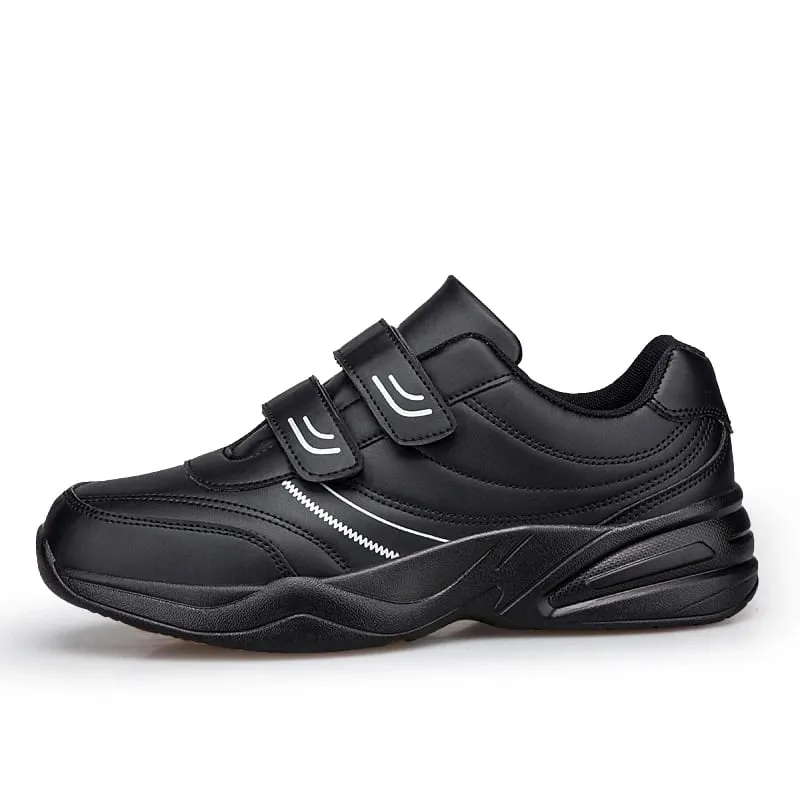 Men's Adjustable Hook And Loop Leather Sneakers Pure Black Casual Sports Shoes Big Size 47 48 Elderly Walking Shoes — image 3