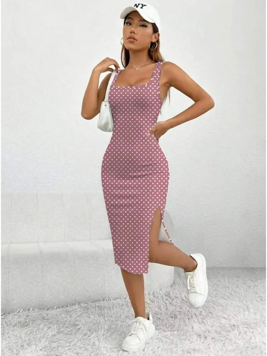 Women's Casual Elegant Thick Strap Square Neck Sleeveless Polka Dot Printed Slit Dress Mid-Length Skirt — image 5