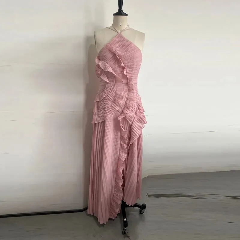 Elegant Neck Strap Ruffles Evening Gown Solid Folds A Line Lace Up Backless Sexy Party Dress 2025 Bagong Party Bakasyon Y2k Robe — image 5