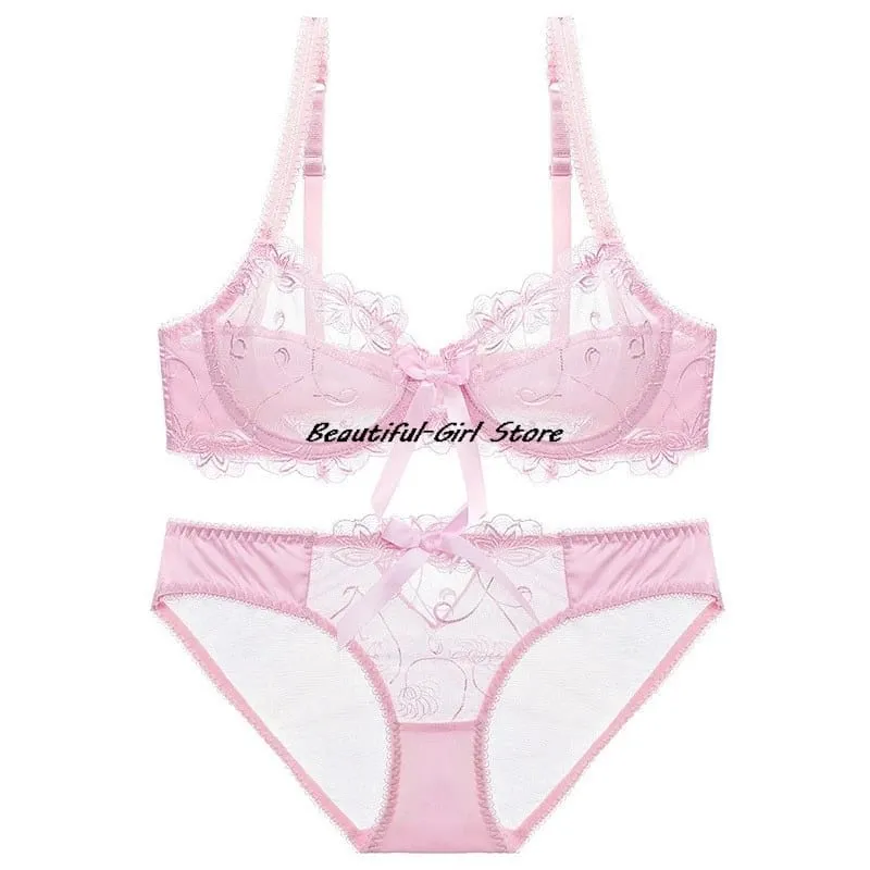 Lace Push Up Bra Set Breathable PantiesThin Mesh Cup Transparent Behalf Lingerie Bow Embroidery Flora Soutien Gorge