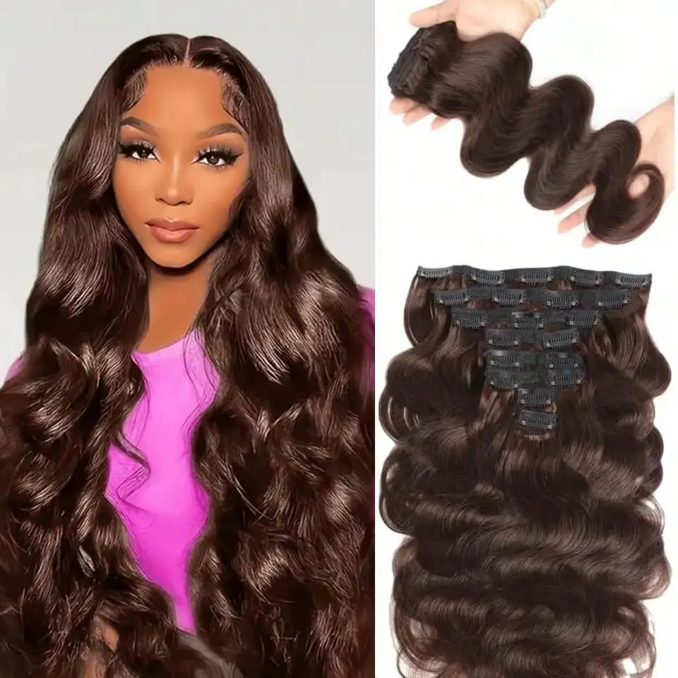 Clip in Body Wave Hair Extensions for Black Women Real Unprocessed Virgin Human Hair Clip in Extensions #1B/#2 Brown Color 120g — image 2