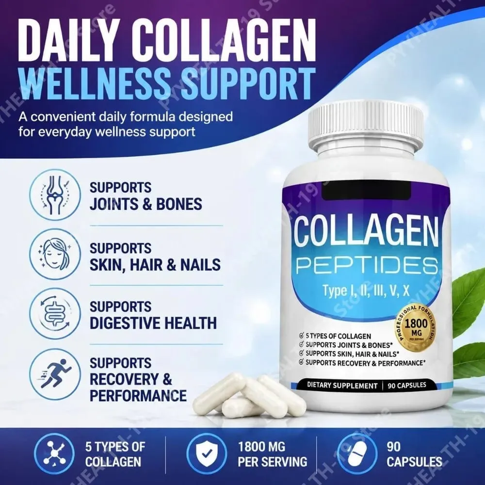 Collagen Peptides Capsules with 5 Types of Collagen for Joints Bones Skin Hair & Nails Wellness Support Adults 90 Capsules — image 2