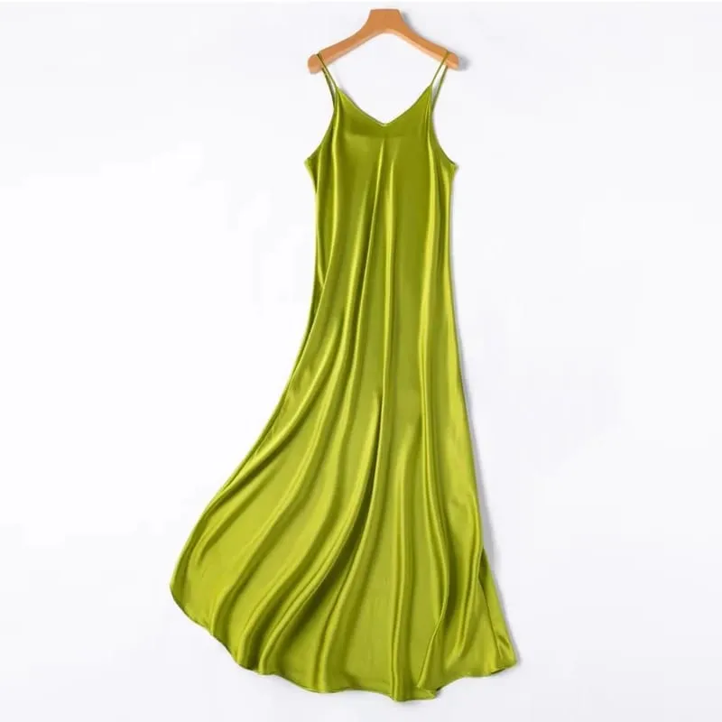 2026 Pambabaeng Fashion Bagong 21MM 100% Natural Mulberry Silk Plain Satin Extended French Sexy Adjustable Shoulder Strap Solid Dress