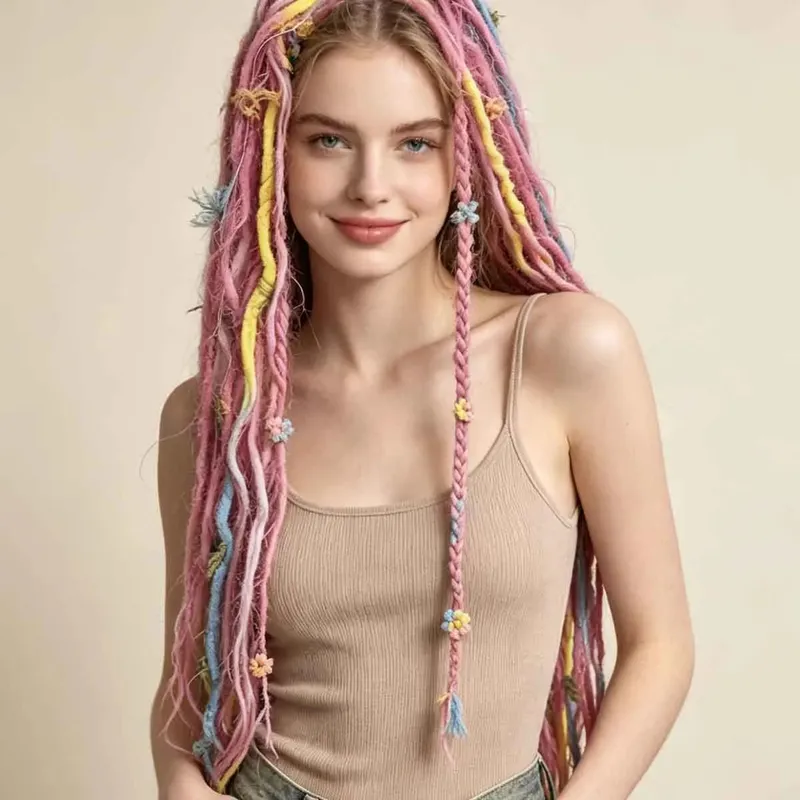 Synthetic Clip In Pastel Pink Macaron Faux Locs Hair Extensions Handmade Textured Straight With HairPieces For Women Daily Party — image 6