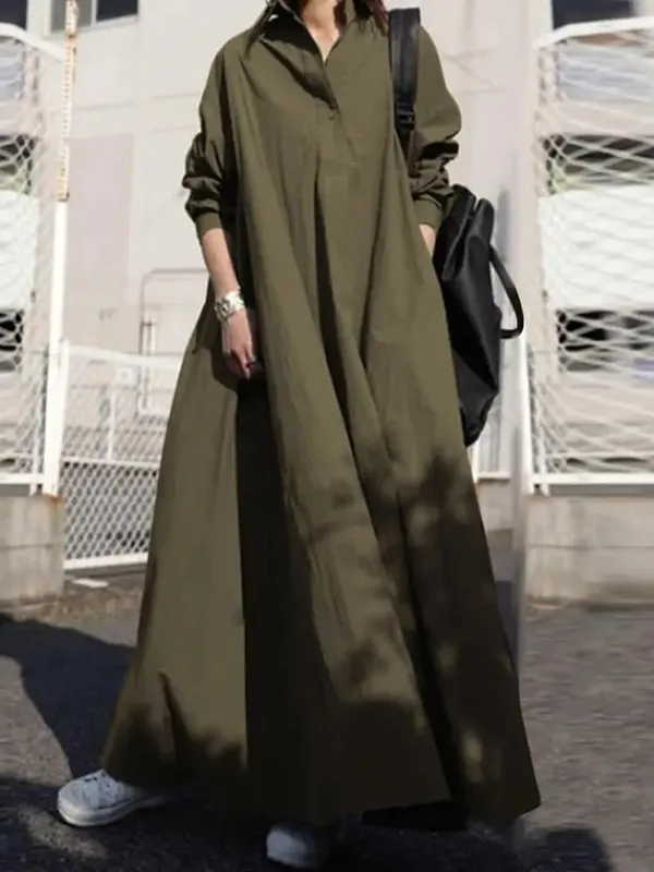 Vestido feminino outono manga comprida camisa vestido solto oversized maxi kaftan mulher lapela sólida meio botão a linha vestido de verão