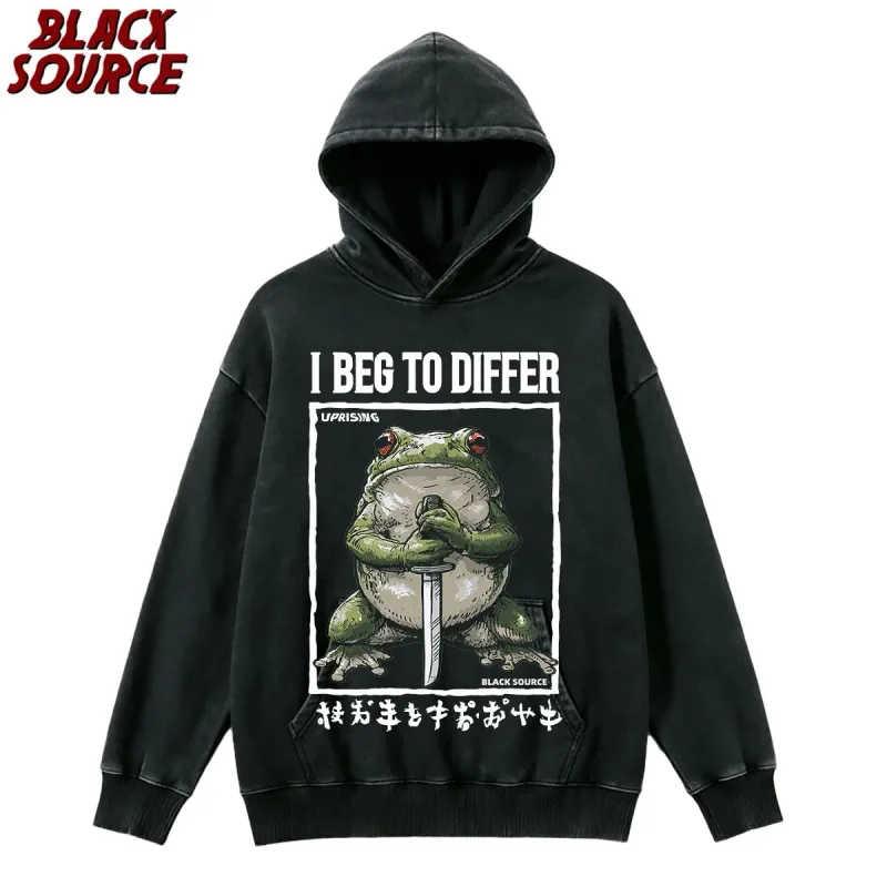 T444 I Beg To Differ Frog Hoodie, Funny Japanese Retro Graphic Pullover Sweatshirt, Harajuku Aesthetic Streetwear