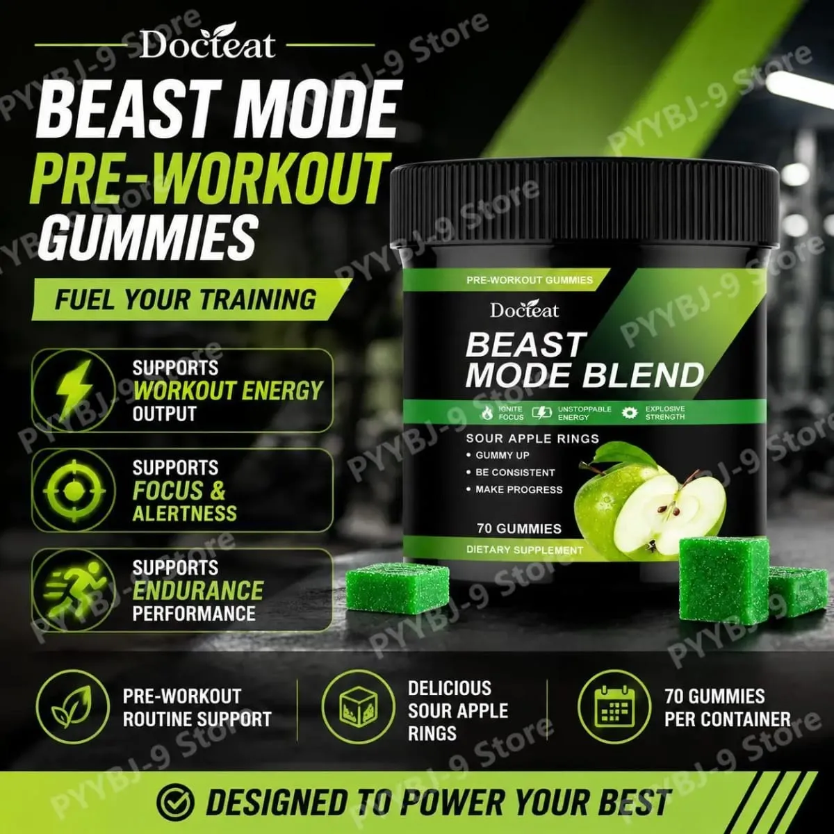 Docteat Beast Mode Blend Pre Workout Gummies Energy Focus & Endurance Support for Strength Training & Active Gym Days 70 Count — image 2