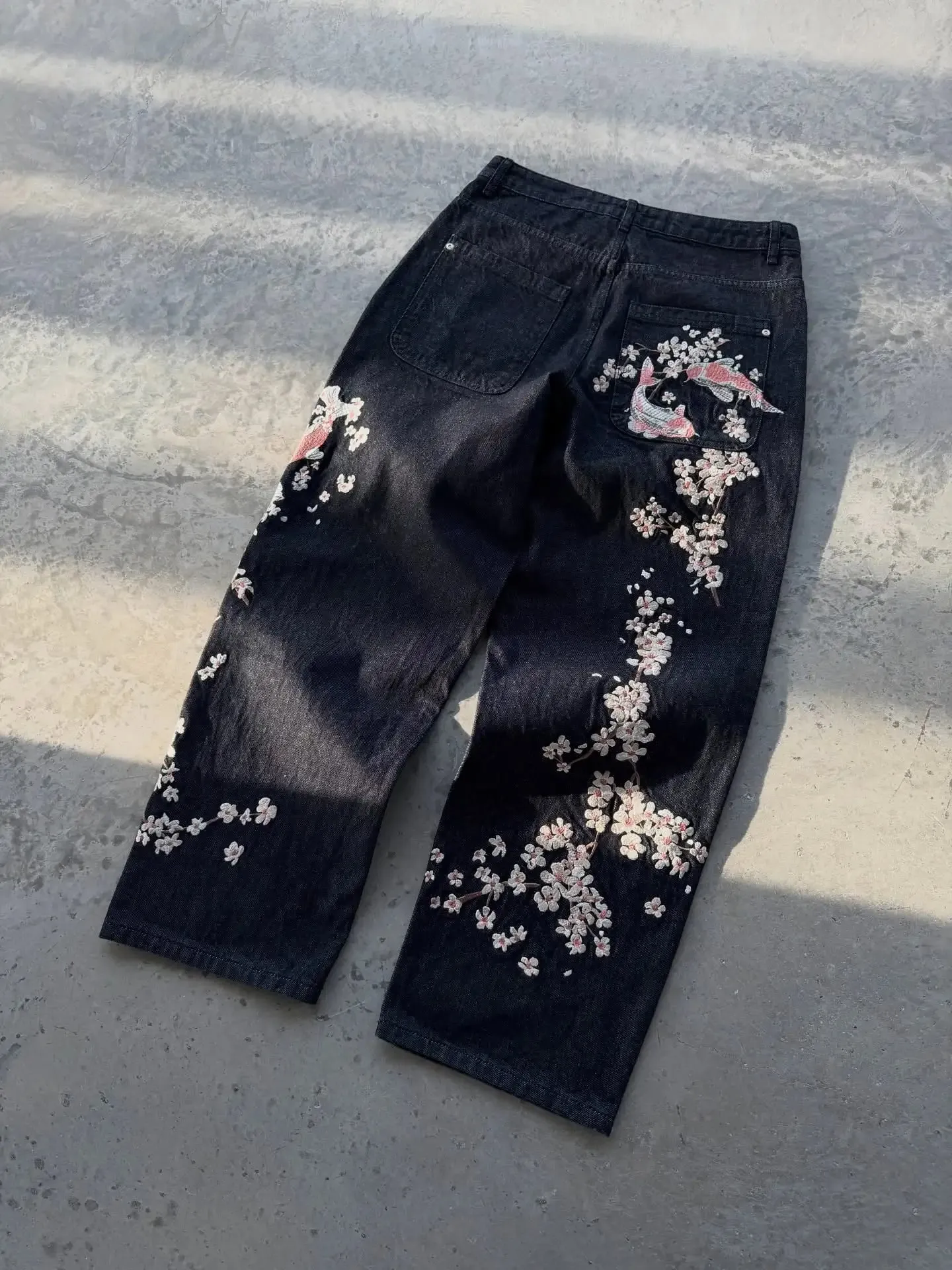 New Sakura Carp Embroidered Jeans Y2k Harajuku Retro Men and Women Loose Street Style Trousers Gothic Punk Casual Straight Jeans — image 3