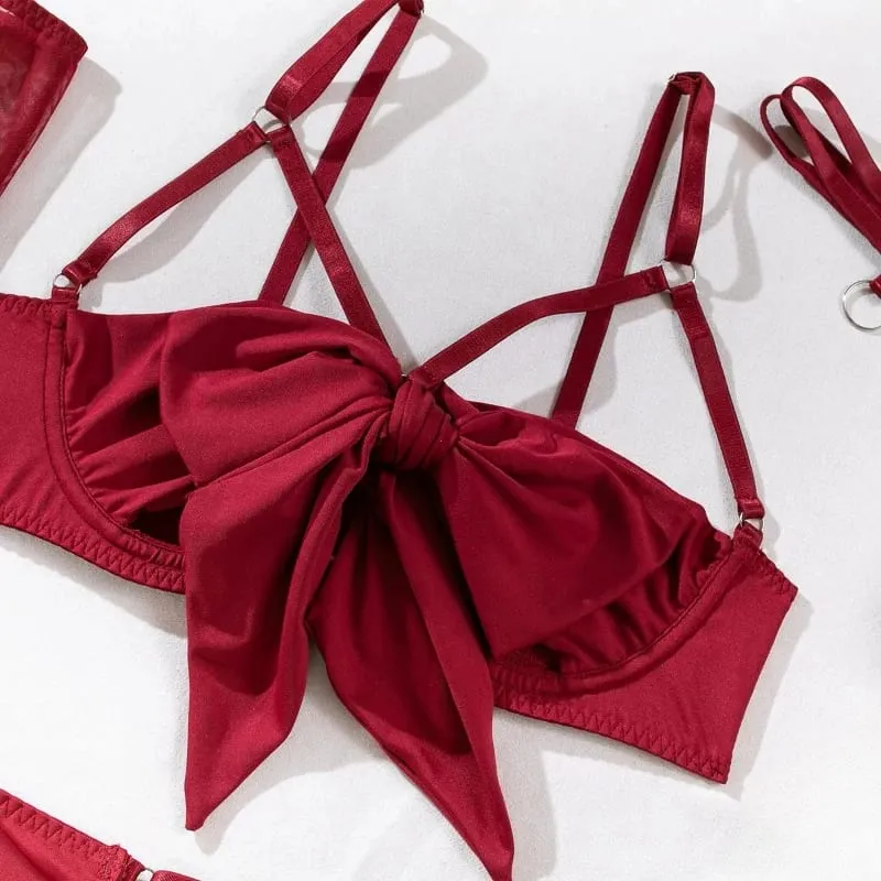Women 4 Piece Sexy Lingerie Set Hollow Out Gathered Push Up Bra Bow Decor Waist Belt Black Matching Underwear Sleep Nightwear — image 5