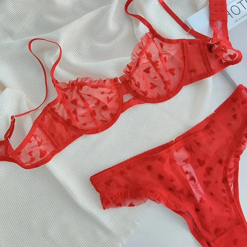 2 peças conjunto de lingerie sexy ultra fino respirável sutiã para mulher push up sutiã conjunto verão malha romântico pêssego coração íntimos — image 9