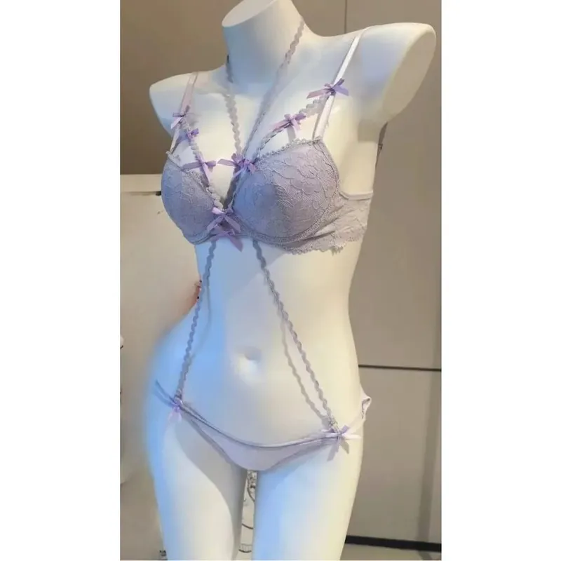 Women Purple Butterfly Halter Bra Set Cross Strap Design Elegant Push Up Underwear Suit 2-38 Fashion Daily Lingerie — image 6