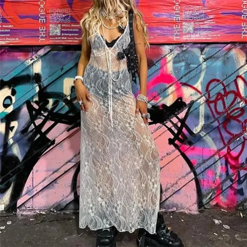 Y2k roupas femininas sexy transparente renda floral transparente vestido regata verão sem mangas decote em v vestido longo streetwear