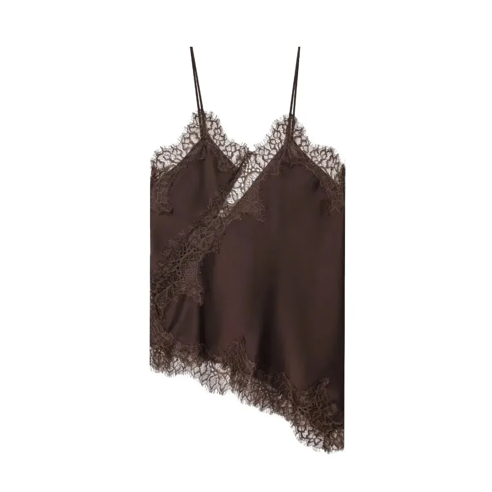 Elegant asymmetrisk spets spets patchwork topp ärmlös rygglös camisole toppar V-hals Sexig spets dam linne sommarkläder
