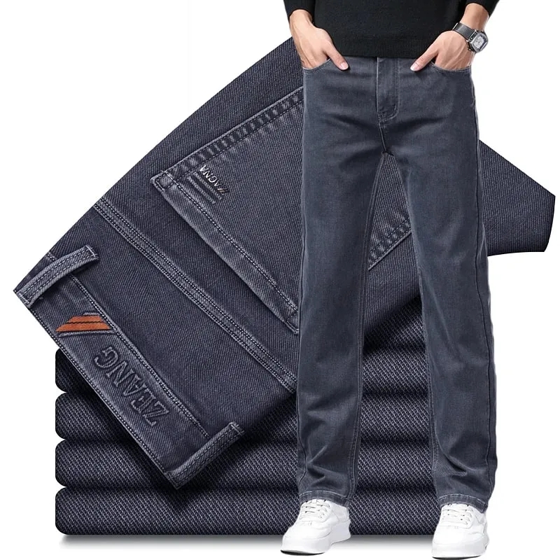 Classic Straight Men's Stretch Jeans Lyocell Cotton Comfortable Soft Casual Denim Pants Spring Business Work Gray Trousers — image 2