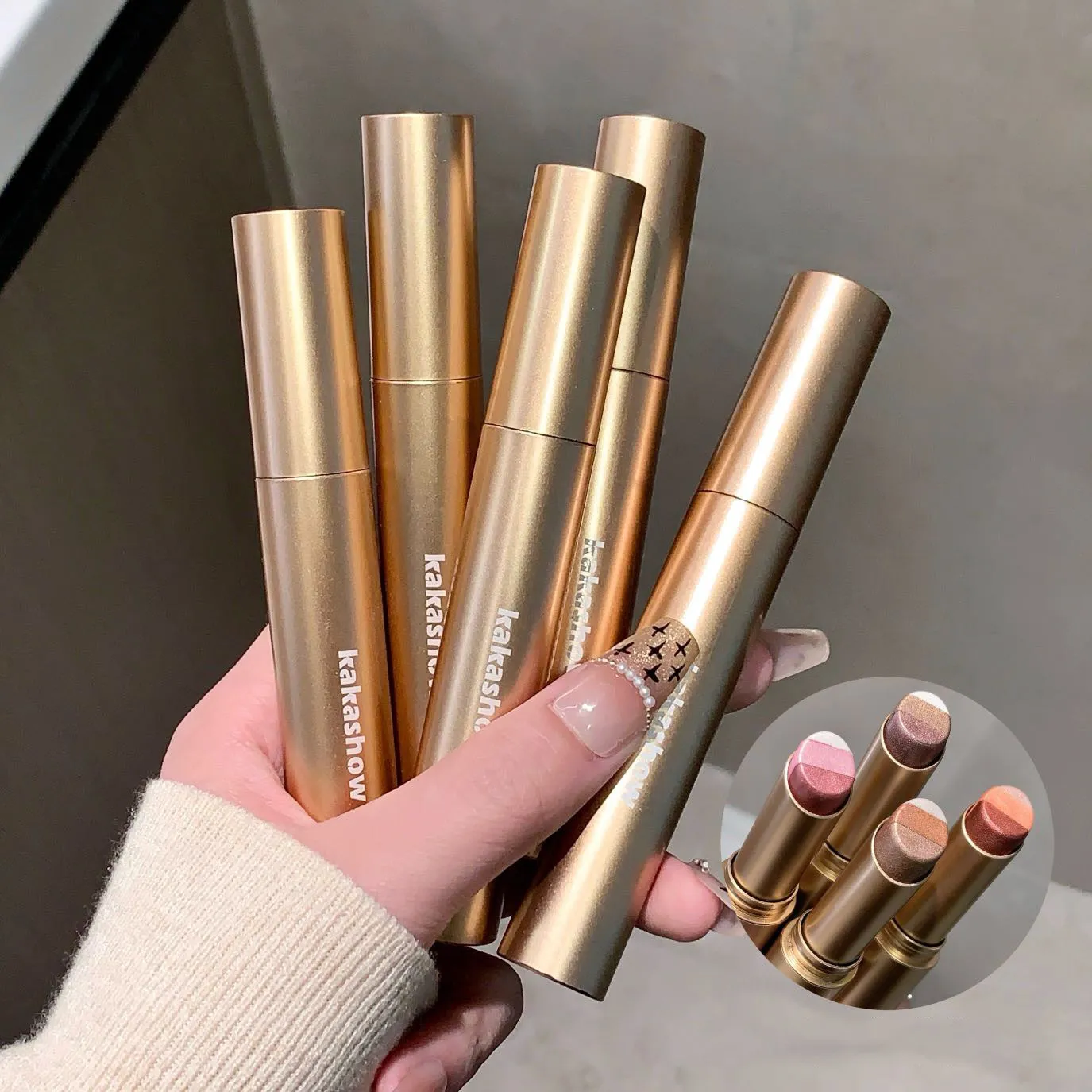 Kakashow Three Color Pearl Glitter Eye Shadow Stick Gradient Delicate Shiny Eyeshadow Waterproof Long Lasting Daily Eye Cosmetic — image 6