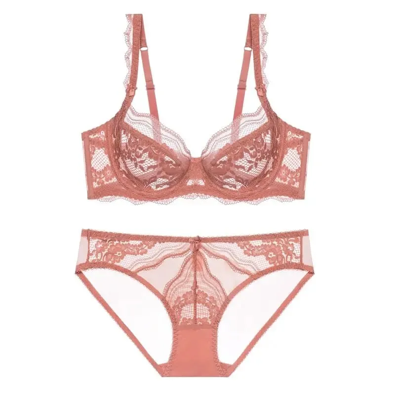 Plus Size Full Bust Minimizer Bra Set Sheer Floral Lace Thin Anti Sag Support Transparent Underwear Women Breathable Intimates — image 10