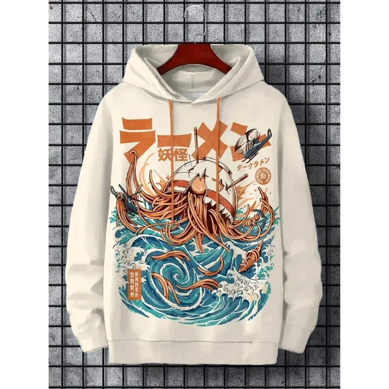 3D Printed Waves Noodles Hoodie Para sa Mga Lalaki Cool Wolf Pattern Long Sleeve Tops Casual Sweatshirt Harajuku Pullover Loose Hoodies
