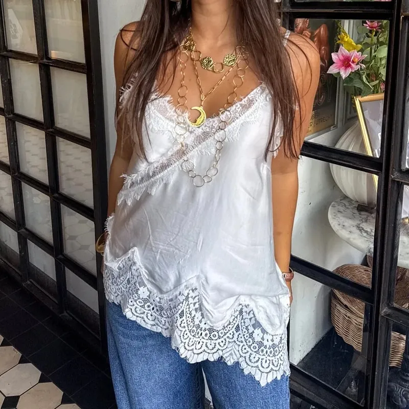 Asymmetrical Backless Spaghetti Strap Tank Cami Shirts Sexy V Neck Silk Camisole Tops Women Coquette Lace Trim Satin Tank Top — image 2
