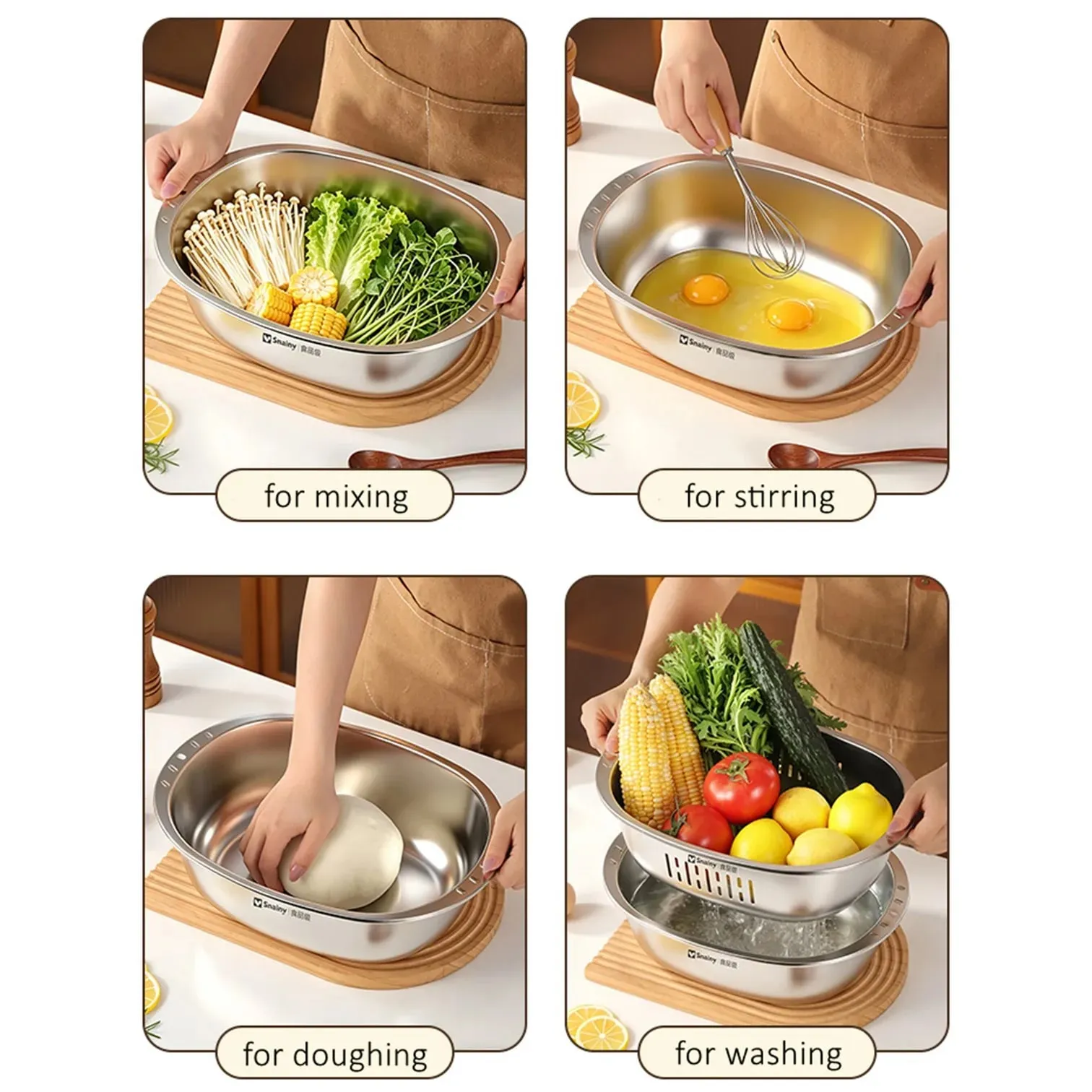 Ultrasonic Polishing Stainless Steel 2 in 1 Bowl and Colander Set Kitchen Fruit and Vegetable Efficient Washing Draing Gadgets — image 4