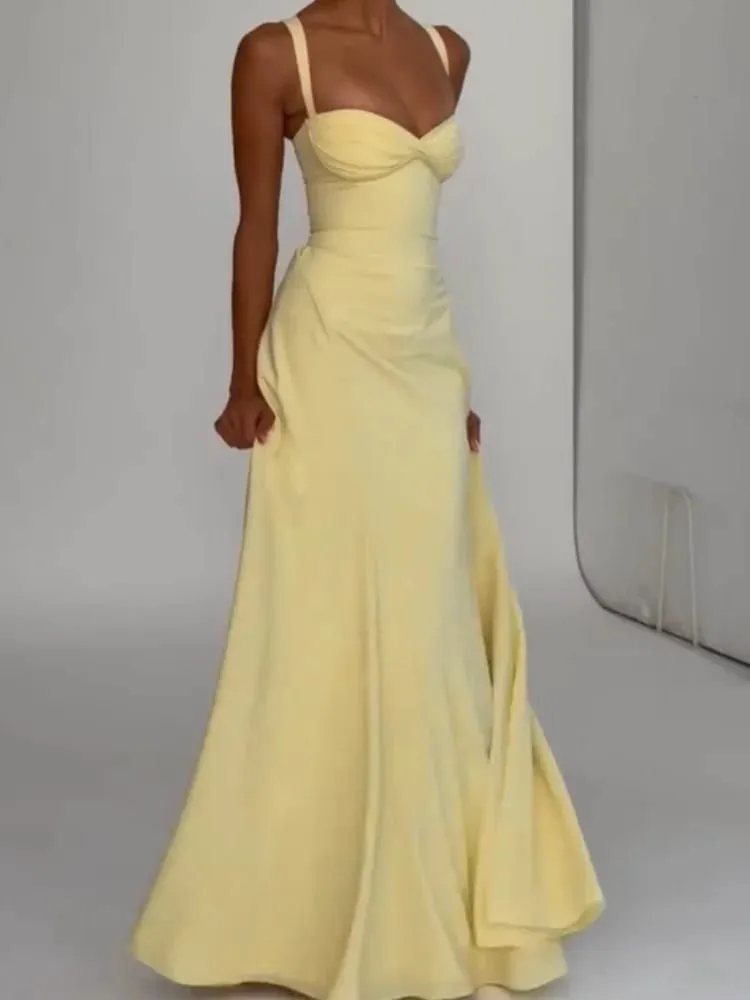 Mulheres amarelo baixo corte sem costas vestido de cintura alta rendas até sem mangas cintura cincher cinta de espaguete vestidos festa clube feminino robe — image 2