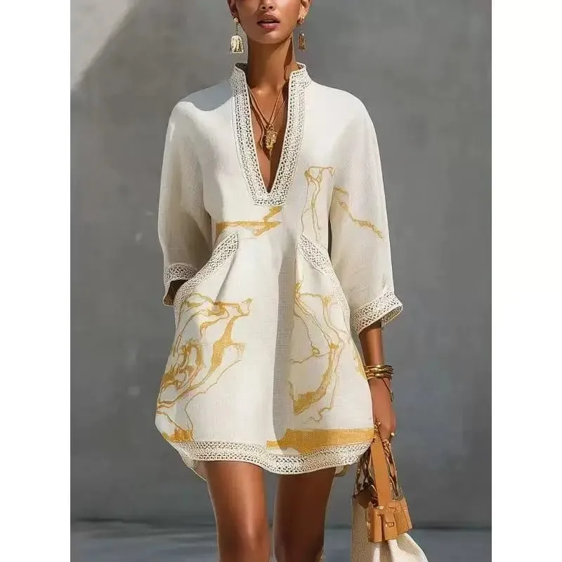 B Elegant Mini Dress for Women Fashion Lace Trim V Neck Abstract Print 3/4 Sleeve Pocket Dress Casual Commuting Vacation Dresses — image 1