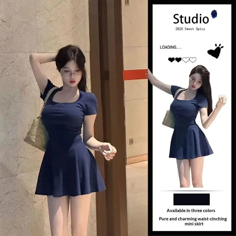 Summer Korean Style New Pure Desire Waist Trimming Slimming Fashion Temperament A Line Mini Dress For Petite Women Daily Wear Va — image 2