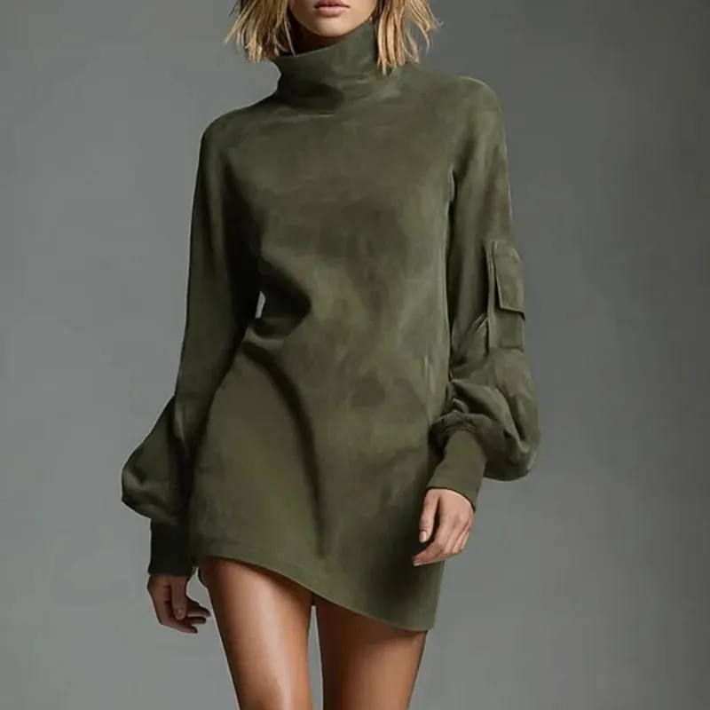 Autumn Retro Solid Suede Mini Short Dresses Sexy Turtleneck Slim Woman Pullover Dress Winter Long Sleeve Pockets Female Clothing