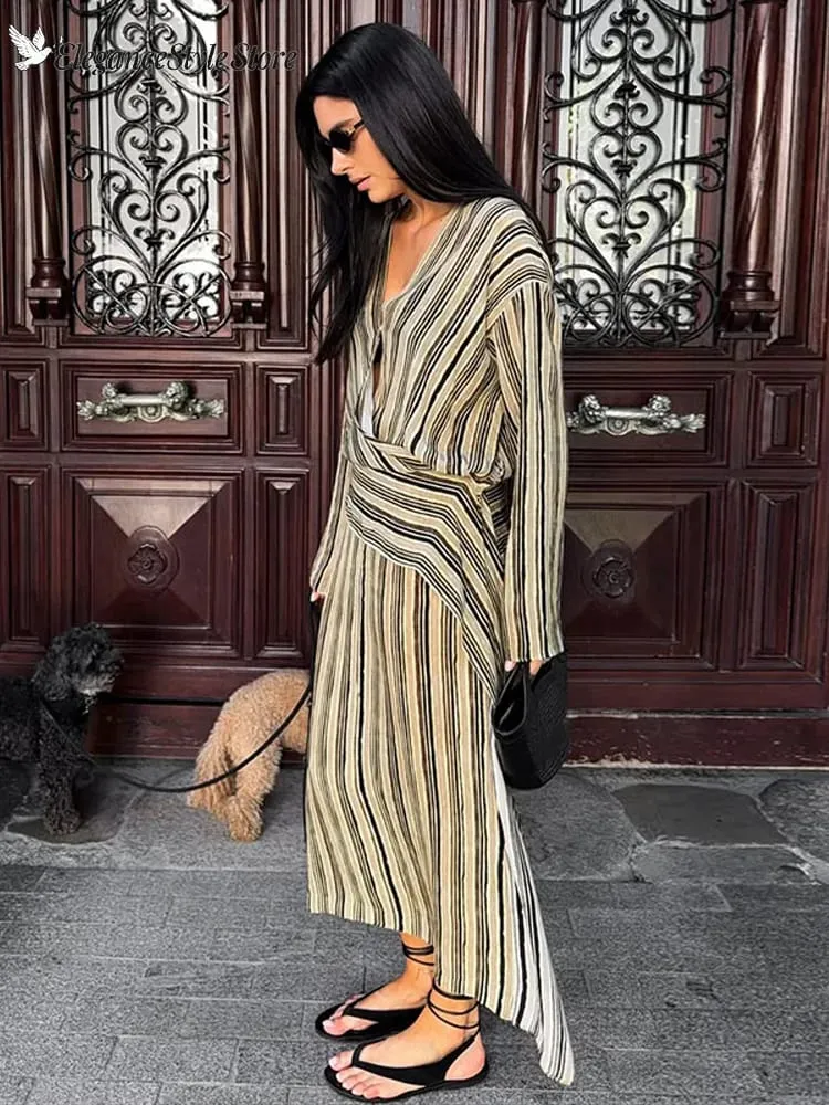 Casual listra maxi vestidos femininos soltos mangas completas profundo decote em v tornozelo comprimento vestido 2026 novas senhoras verão férias praia outfit — image 2