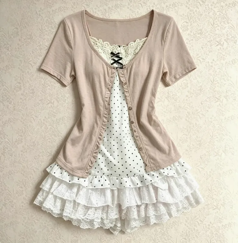 Feminino y2k vintage rendas retalhos vestido de duas peças conjunto verão elegante retro cardigan + doce moda sem mangas magro mini vestido — image 2
