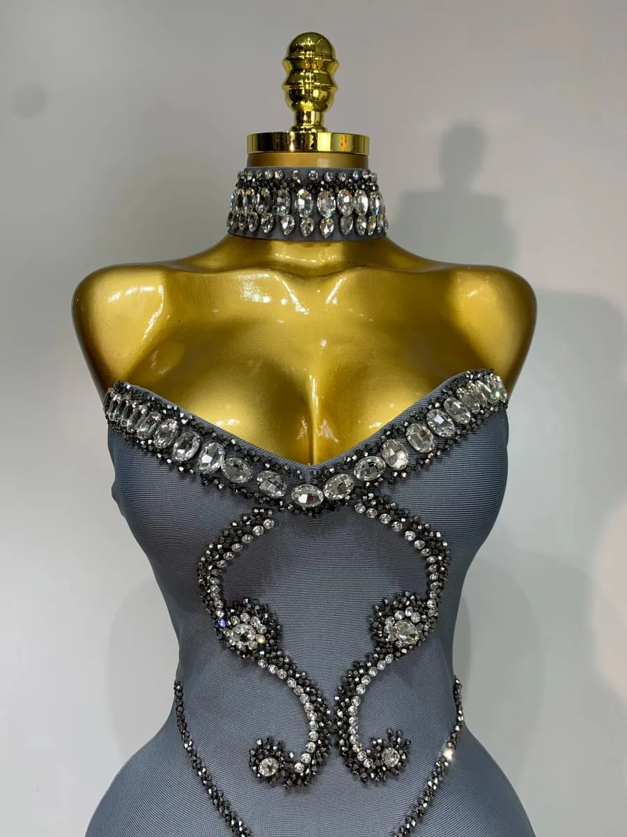 Alta qualidade sem alças miçangas com colar vestido bandagem celebridade elegante festa à noite fantasia clube vestidos de aniversário — image 5