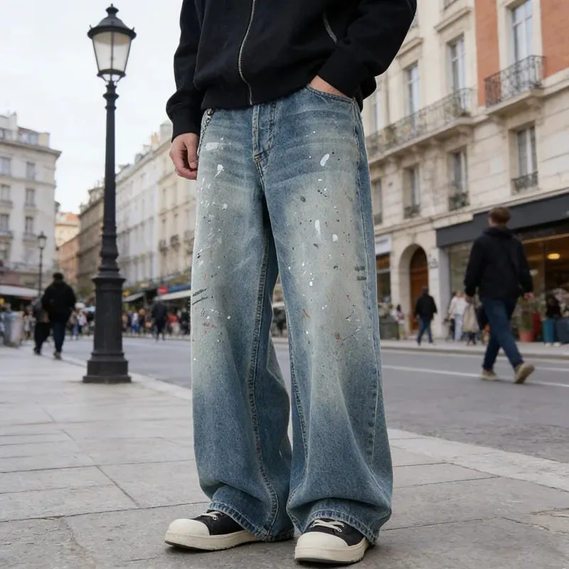 Autumn Korean Splashed Ink Jeans Men'S Straight Leg Pants Fashionable High Street Retro Loose Wide Leg Pants Design Pants — image 7