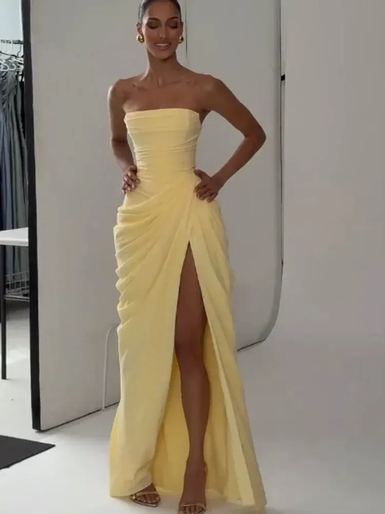 Babaeng Dilaw na Elegant Strapless Pleated Dress Sexy na Walang Manggas na Baywang Cinching Split Maxi Gowns 2026 Babae Bagong Evening Party Dresses — image 6