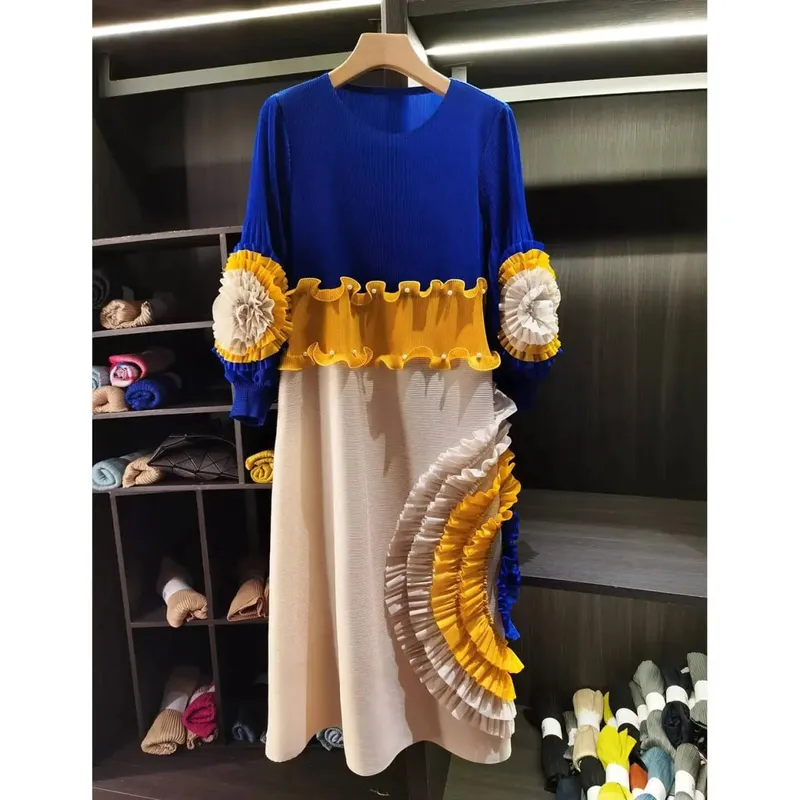 Rakott nyakkendő virág hosszú ujjú női ruha elegáns új bő színes blokk patchwork design gyöngyfűzés női ruházat 2DB6651 — image 8