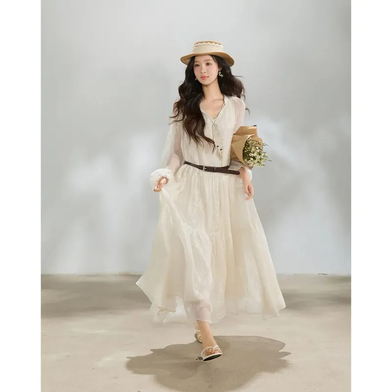 Embroidered Long Sleeve Maxi Dress with Belt 2026 Spring Tiered Ruffled V Neck Tassel Tie Solid Chiffon Dress MXF14L2562