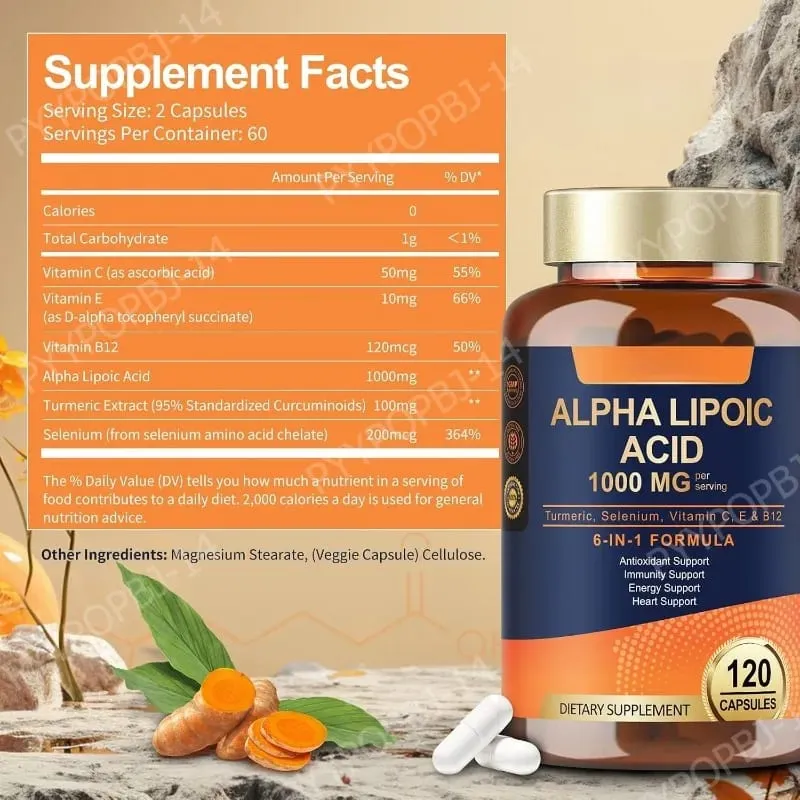 Alpha Lipoic Acid 6-in-1 Formula 1000mg Turmeric Selenium Vitamins C E B12 120 Veggie Capsules for Daily Wellness Support — image 3