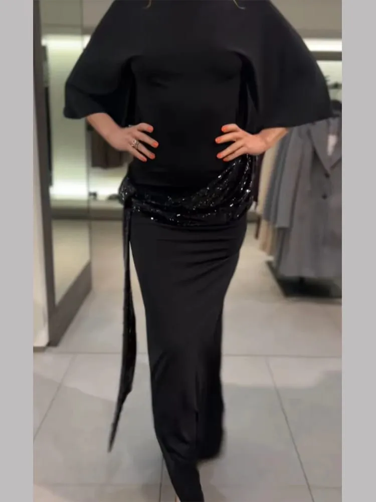 Sequin Patchwork Backless Dress Women Elegant Solid Middle Sleeve Cinched-waist Slim Long Dresses Fashion Evening Party Vestidos