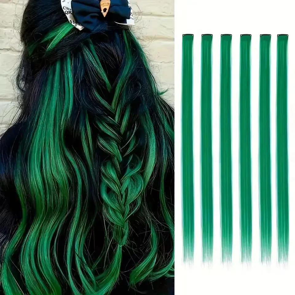 6 Pcs Clip Extensions Synthetic 24 Inch Colored Hair Extensions Party Highlights Long Straight Hairpieces for Women Kids Girl — image 26