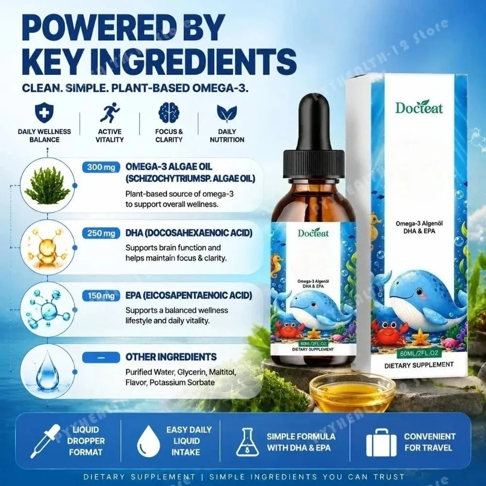 Docteat Plant Based Omega-3 Algae Oil DHA EPA Liquid Drops Kids Brain Health Vegan Non-GMO Daily Nutrition Orange 60 Servings