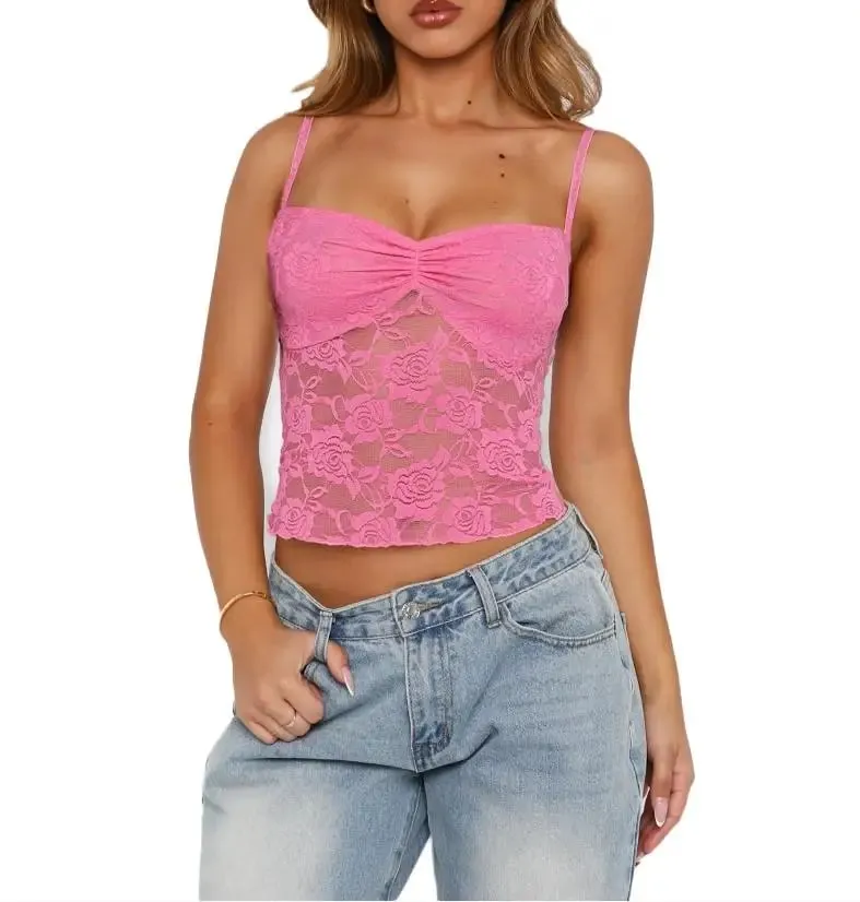 Women's Summer Lace Cami Tops Sleeveless Ruched Front Solid Color Camisole Slim Fit Tank Tops — image 10